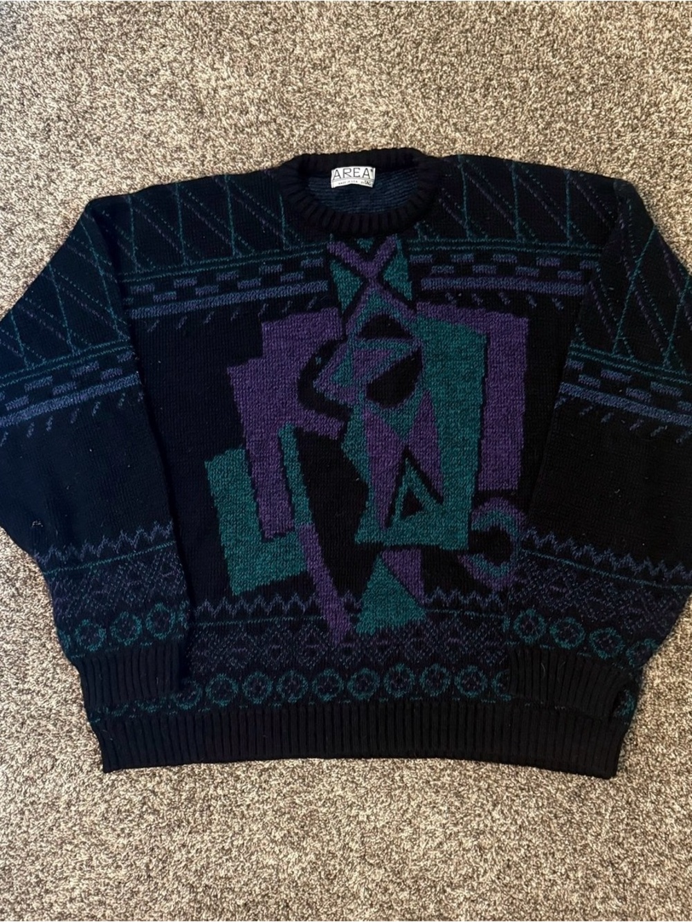 AREA Black Crewneck Sweater with Teal & Purple Abstract Pattern